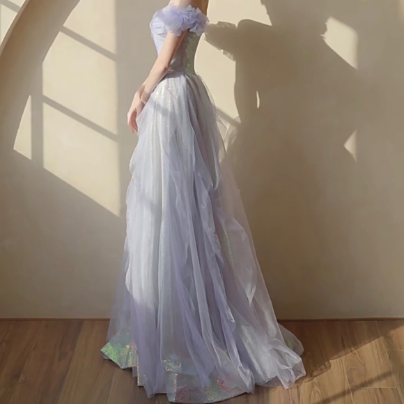 Women’s Sparkly Pastel Blue Purple Off Shoulder Ball Gown Prom Dress Size S - Picture 2 of 5